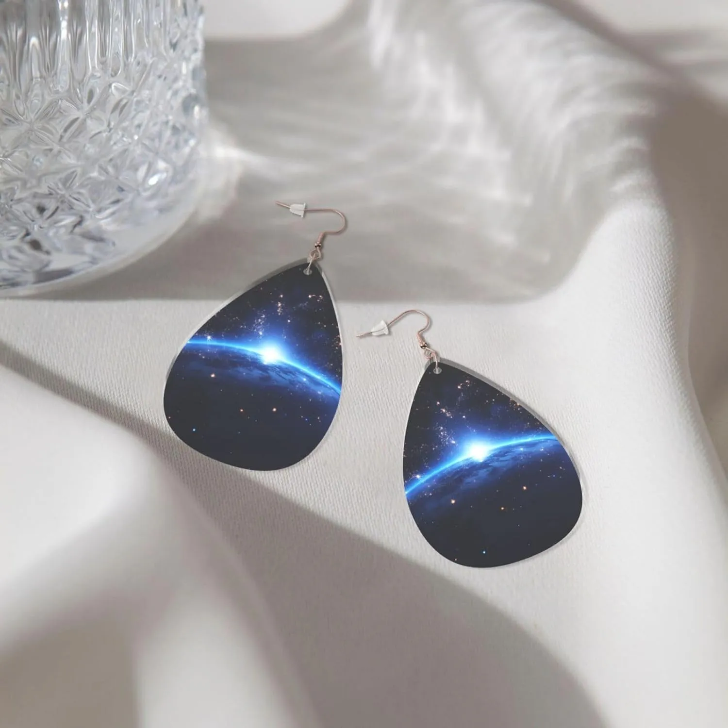 Stylish Drop-Shaped Acrylic Earrings Lightweight Printed Teardrop Dangle Earrings for Women (Blue Constellation Galaxy)