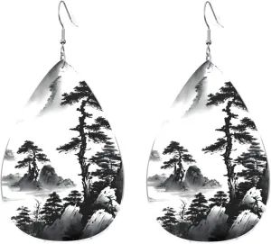 Stylish Drop-Shaped Acrylic Earrings Lightweight Printed Teardrop Dangle Earrings for Women (Chinese Landscape Print)