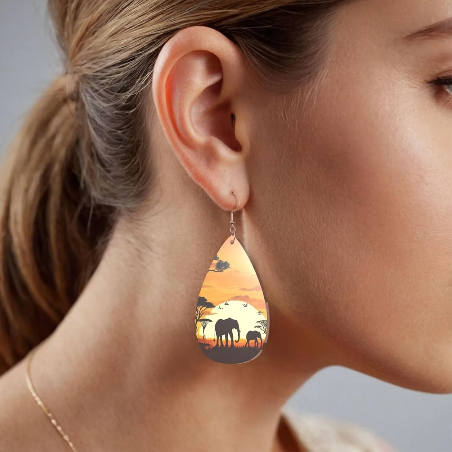 Stylish Drop-Shaped Acrylic Earrings Lightweight Printed Teardrop Dangle Earrings for Women (Elephant and Giraffe)