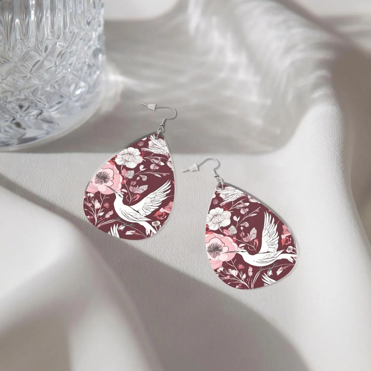 Stylish Drop-Shaped Acrylic Earrings Lightweight Printed Teardrop Dangle Earrings for Women (Floral Herbs Botanical Engraving)