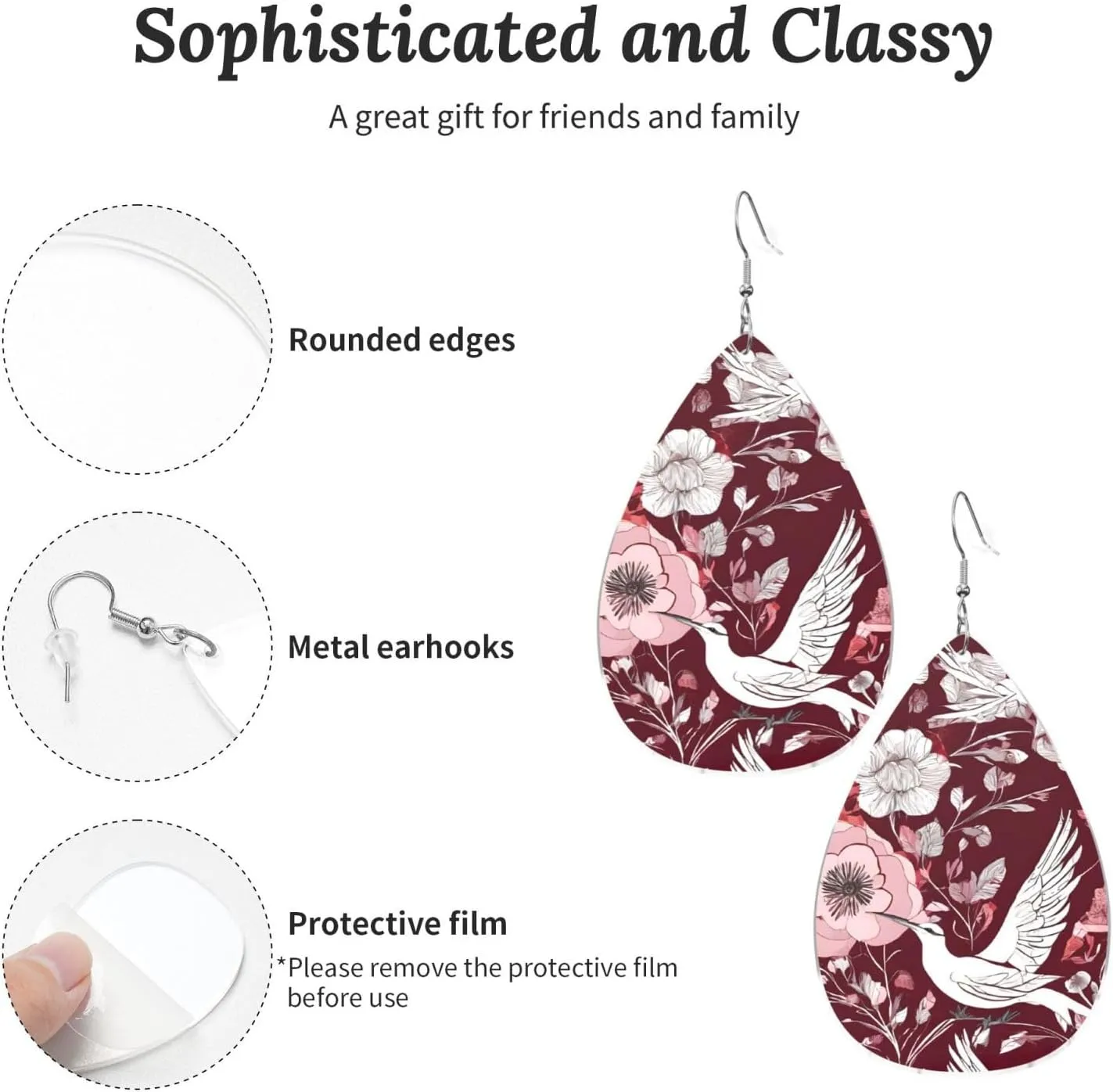 Stylish Drop-Shaped Acrylic Earrings Lightweight Printed Teardrop Dangle Earrings for Women (Floral Herbs Botanical Engraving)