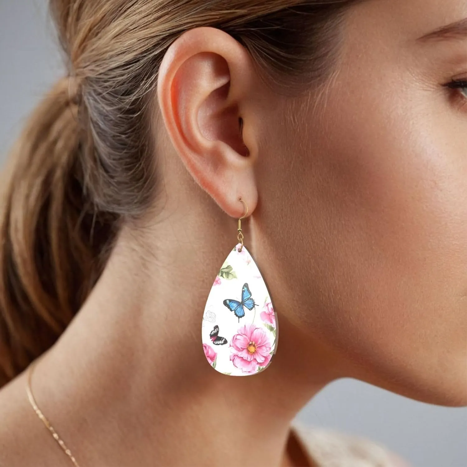 Stylish Drop-Shaped Acrylic Earrings Lightweight Printed Teardrop Dangle Earrings for Women (Garden with bird and flower)