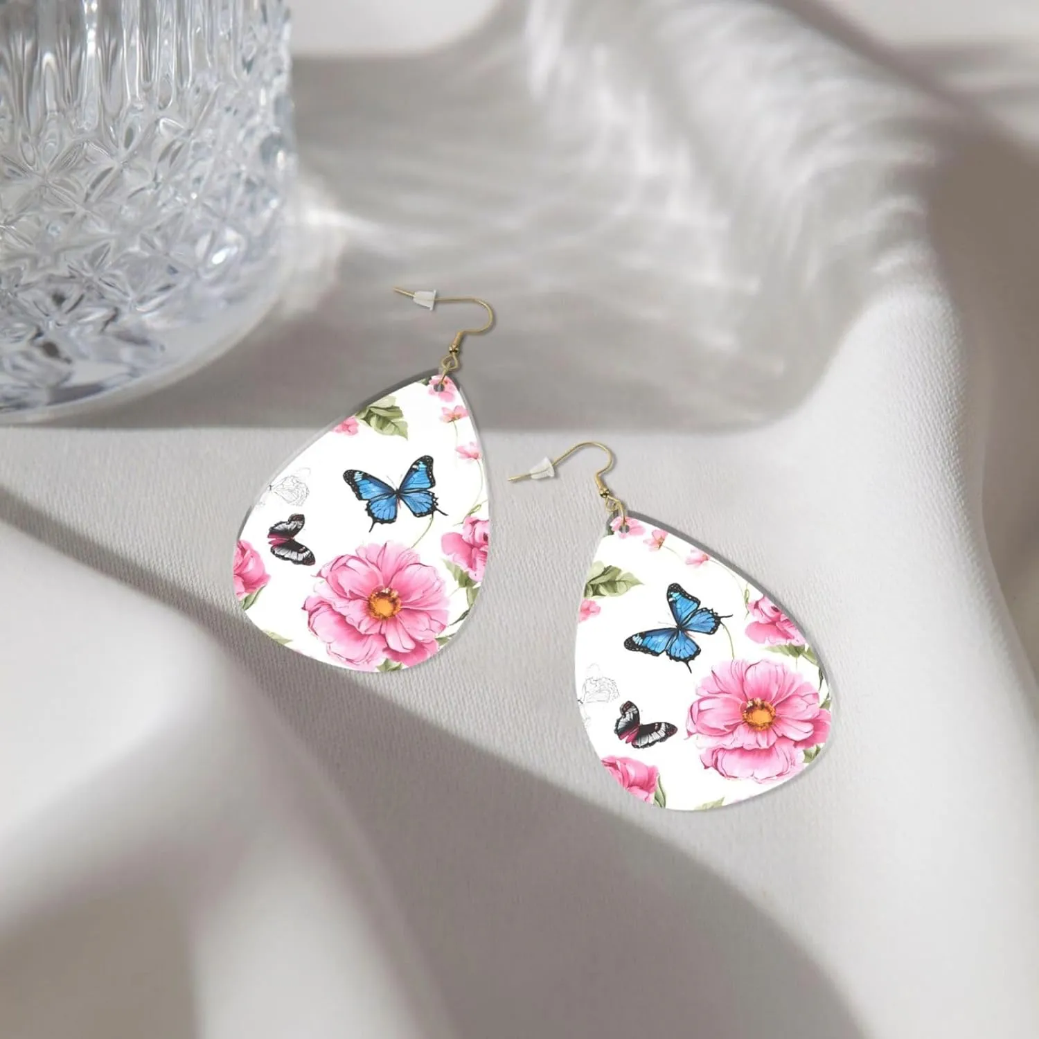 Stylish Drop-Shaped Acrylic Earrings Lightweight Printed Teardrop Dangle Earrings for Women (Garden with bird and flower)