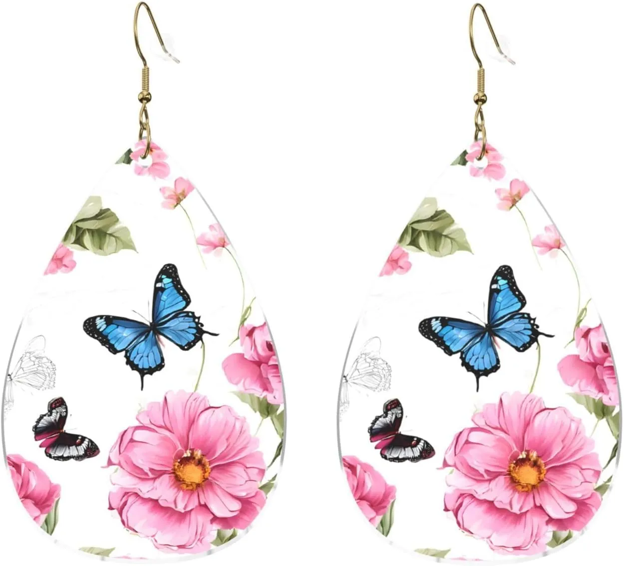 Stylish Drop-Shaped Acrylic Earrings Lightweight Printed Teardrop Dangle Earrings for Women (Garden with bird and flower)