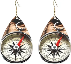 Stylish Drop-Shaped Acrylic Earrings Lightweight Printed Teardrop Dangle Earrings for Women (Law of the Compass Navigation)