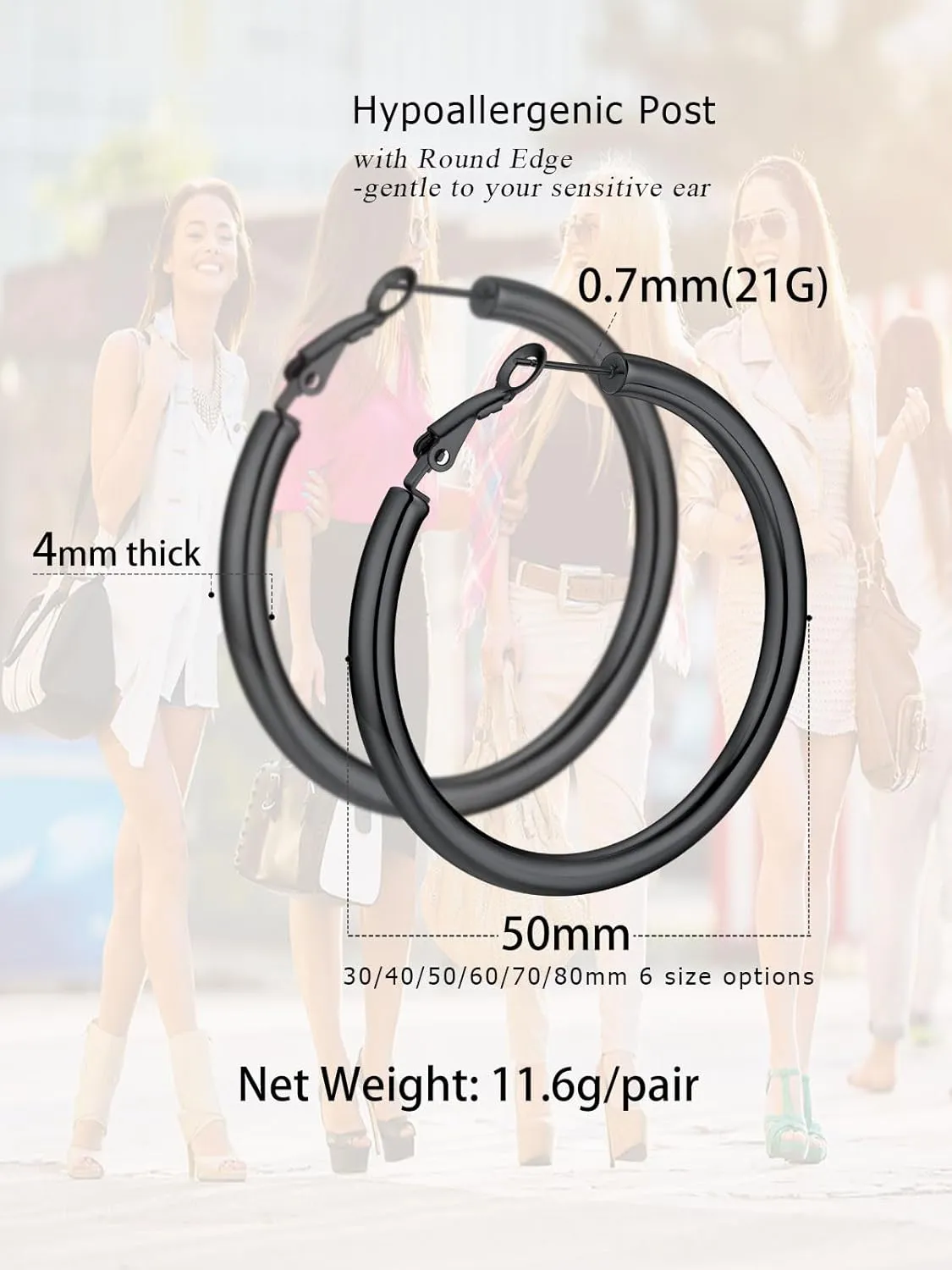 Stylish Thick Hoop Earrings for Women Teen Girls, Black/18K Gold Plated Stainless Steel Earrings, Lightweight Comfy Hoops Hypoallergenic, Size: 30/40/50/60/70/80mm, Come Gift Box