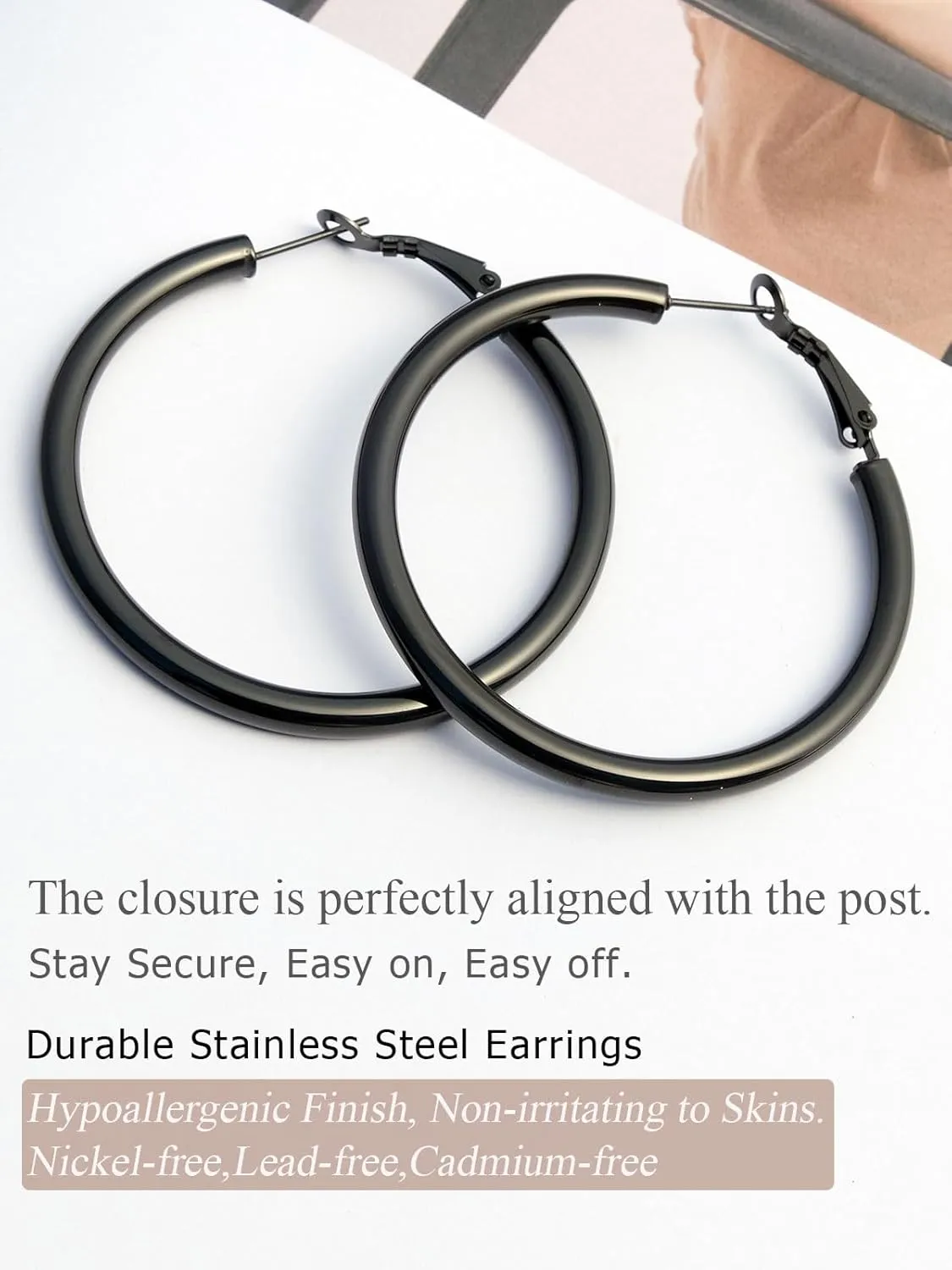 Stylish Thick Hoop Earrings for Women Teen Girls, Black/18K Gold Plated Stainless Steel Earrings, Lightweight Comfy Hoops Hypoallergenic, Size: 30/40/50/60/70/80mm, Come Gift Box