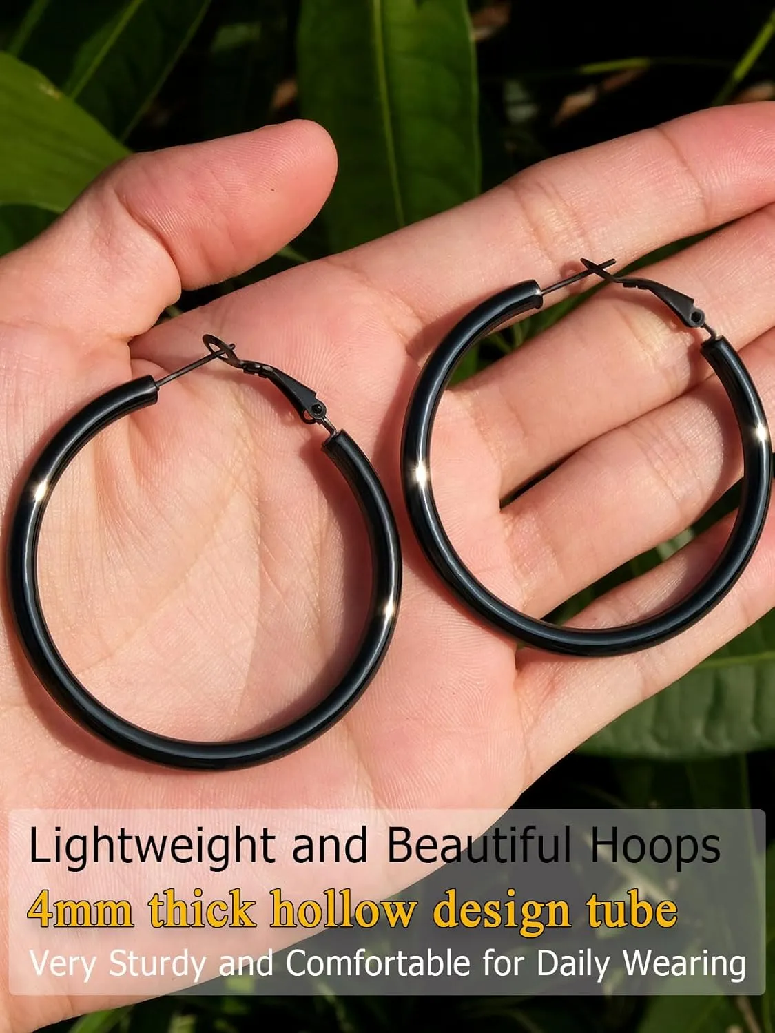 Stylish Thick Hoop Earrings for Women Teen Girls, Black/18K Gold Plated Stainless Steel Earrings, Lightweight Comfy Hoops Hypoallergenic, Size: 30/40/50/60/70/80mm, Come Gift Box