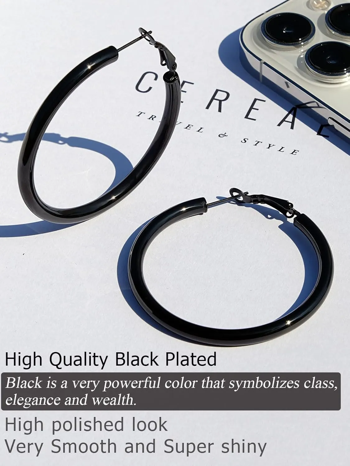 Stylish Thick Hoop Earrings for Women Teen Girls, Black/18K Gold Plated Stainless Steel Earrings, Lightweight Comfy Hoops Hypoallergenic, Size: 30/40/50/60/70/80mm, Come Gift Box
