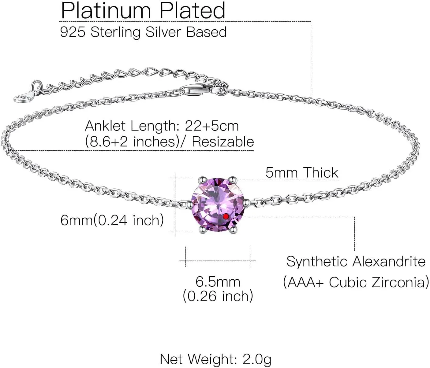 Suplight 925 Stelring Silver Birthstone Crytal Anklet, Dainty Chain Anklet Bracelets for Women (with Gift Box)