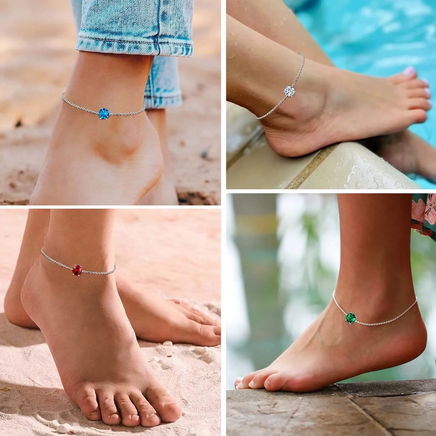 Suplight 925 Stelring Silver Birthstone Crytal Anklet, Dainty Chain Anklet Bracelets for Women (with Gift Box)