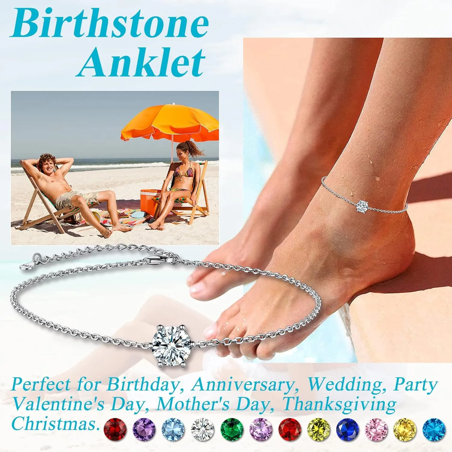 Suplight 925 Stelring Silver Birthstone Crytal Anklet, Dainty Chain Anklet Bracelets for Women (with Gift Box)