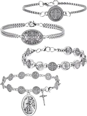 Taiyin 4 Pcs Rosary Bracelet Religious Birthday Gifts Catholic Saint Benedict Prayer Bracelet Saint Medal Men Women Christian Jewelry Gift