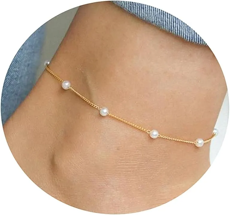Tasiso 14K Gold Plated Layered Satellite Beads Heart Anklets Layering Rhinestone Cubic Zirconia Ankle Bracelets for Women Minimalist Summer Beach Foot Chain Ankle Jewelry for Her