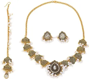 Teardrop CZ Imitation Pearls Beaded Tassel Stud Earrings Indian Traditional Choker Necklace Head Chain Headband Hair Accessories Set for Women Gold Plated Fashion Bollywood Antique Jewelry 19"