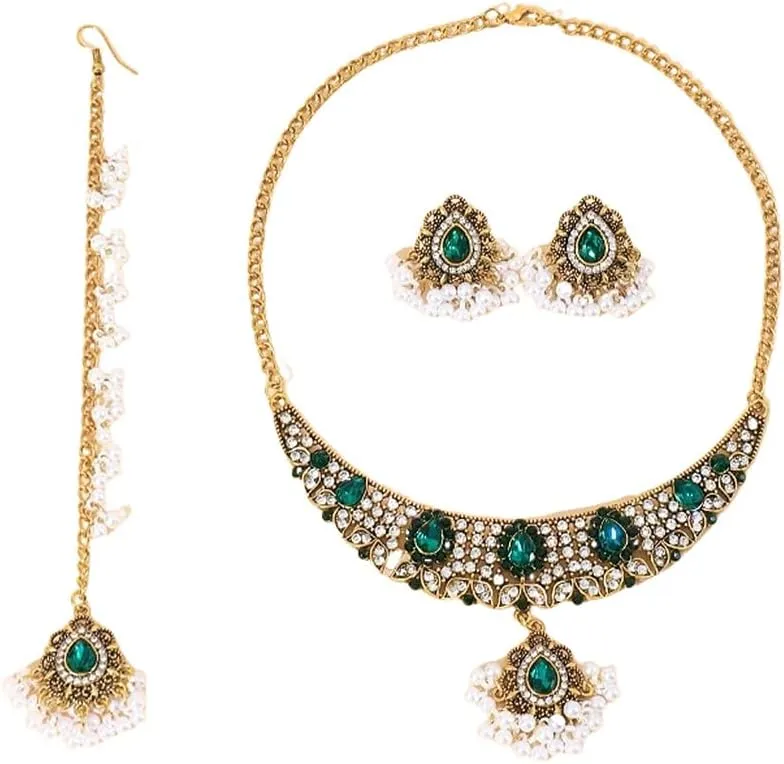 Teardrop CZ Pearl Beaded Tassel Stud Earrings Indian Traditional Pendant Choker Necklace Head Chain Headband Hair Accessories Set for Women Gold Plated Fashion Antique Jewelry