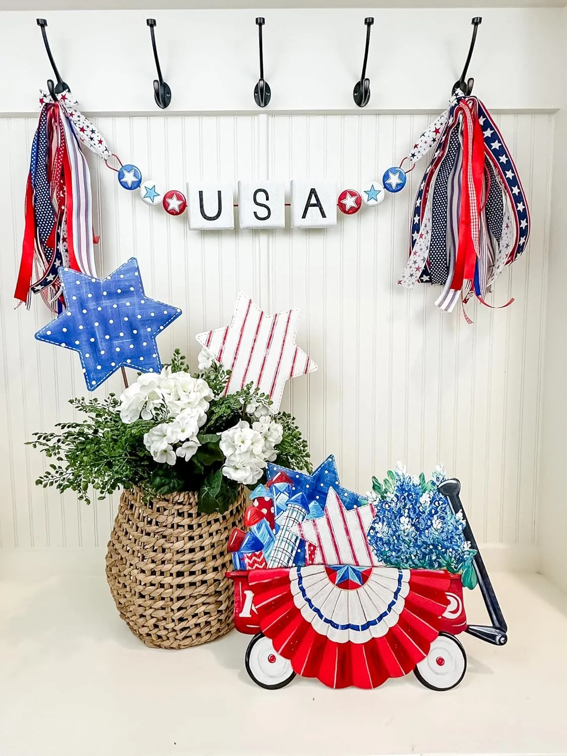 The Round Top Collection USA Friendship Bracelet Hanging Accent - Patriotic Beaded Charm for Wall Hooks, Gift Wrap, or DIY Crafts - Red, White, and Blue Dcor
