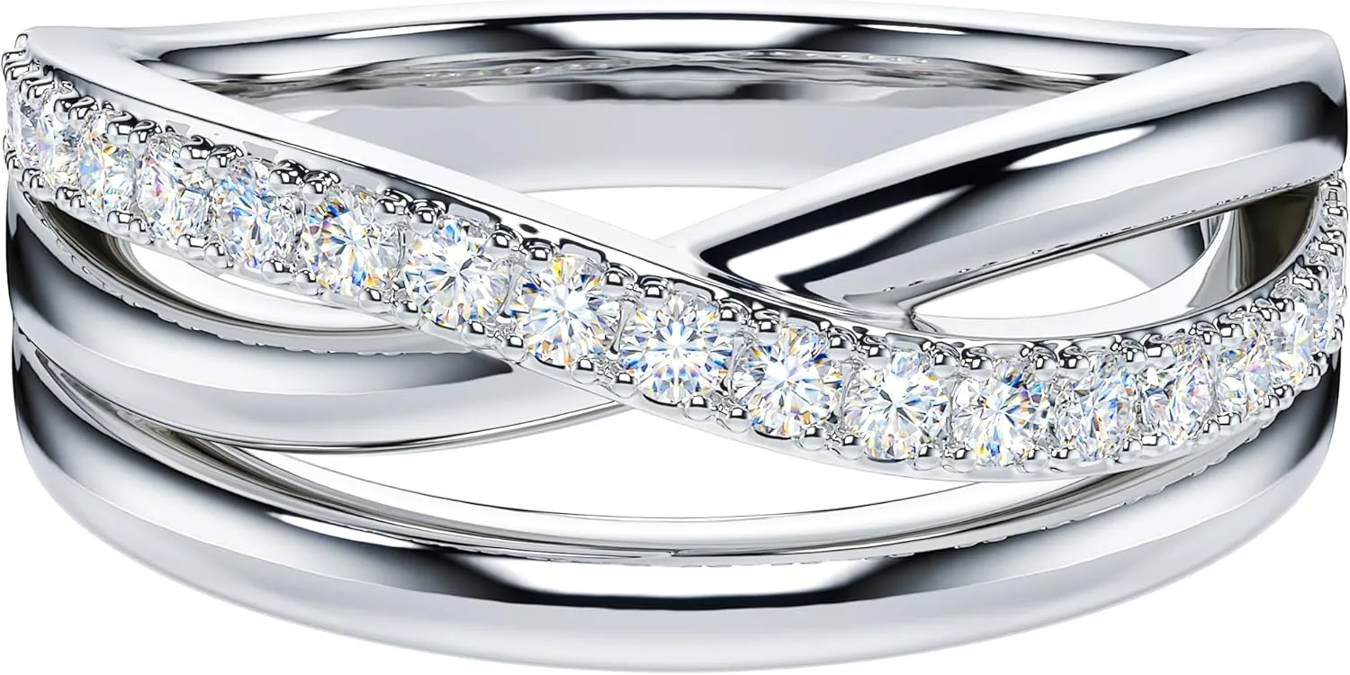 THELANDA Genuine Moissanite or Simulated Round Brilliant Cut Diamond Sterling Silver 7.5mm Crossover Infinity Wedding Ring For Couples