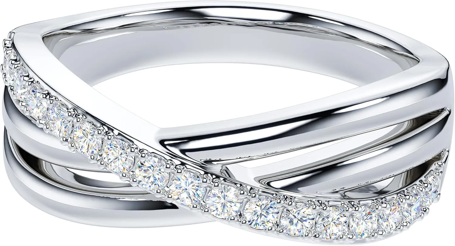 THELANDA Genuine Moissanite or Simulated Round Brilliant Cut Diamond Sterling Silver Crossover Split Shanks Wedding Ring For Couples