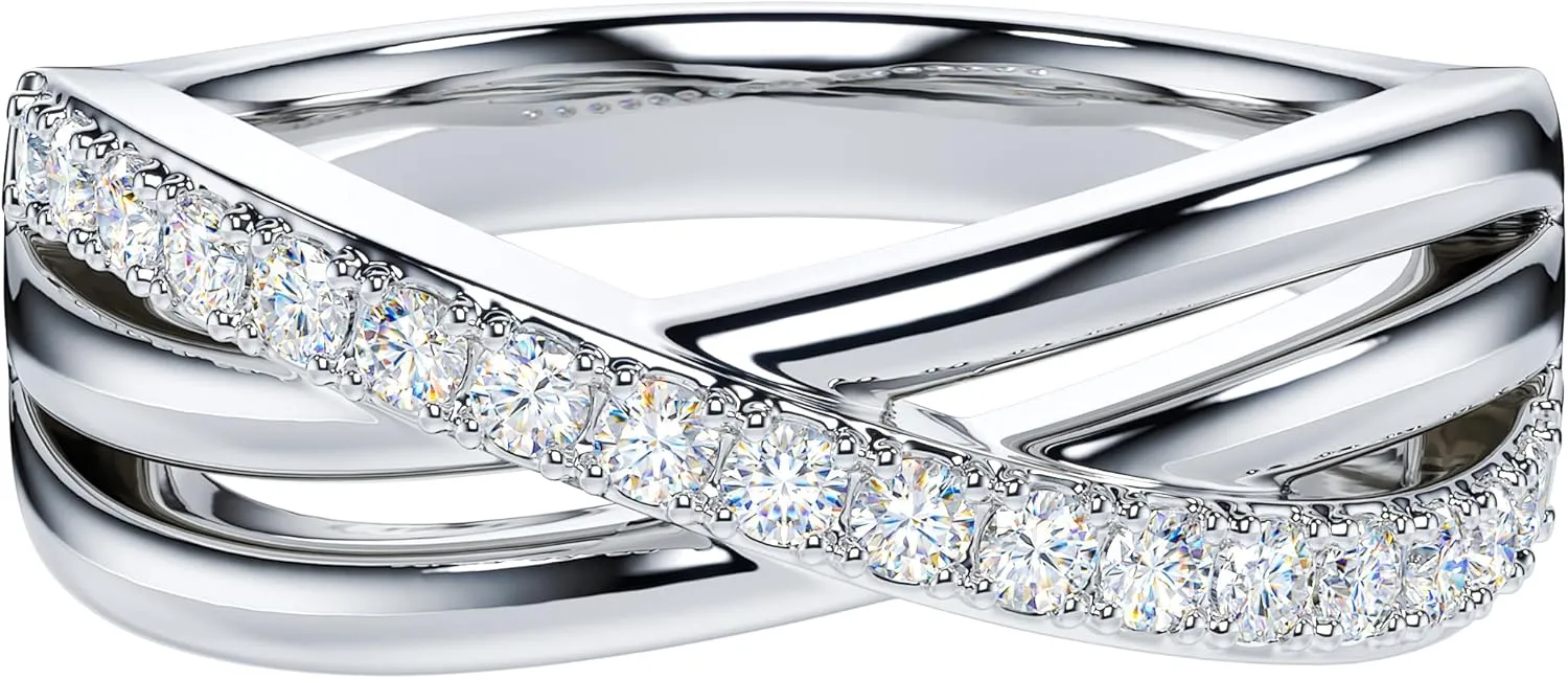 THELANDA Genuine Moissanite or Simulated Round Brilliant Cut Diamond Sterling Silver Crossover Split Shanks Wedding Ring For Couples