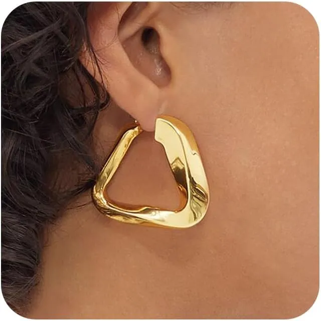 Thick Gold Hoop Earrings for Women,18K Gold Plated Sterling Silver Chunky Hoop Earrings Fashion Geometry Square Earrings Gold Jewelr