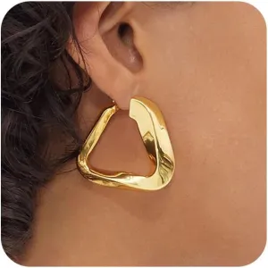 Thick Gold Hoop Earrings for Women,18K Gold Plated Sterling Silver Chunky Hoop Earrings Fashion Geometry Square Earrings Gold Jewelr
