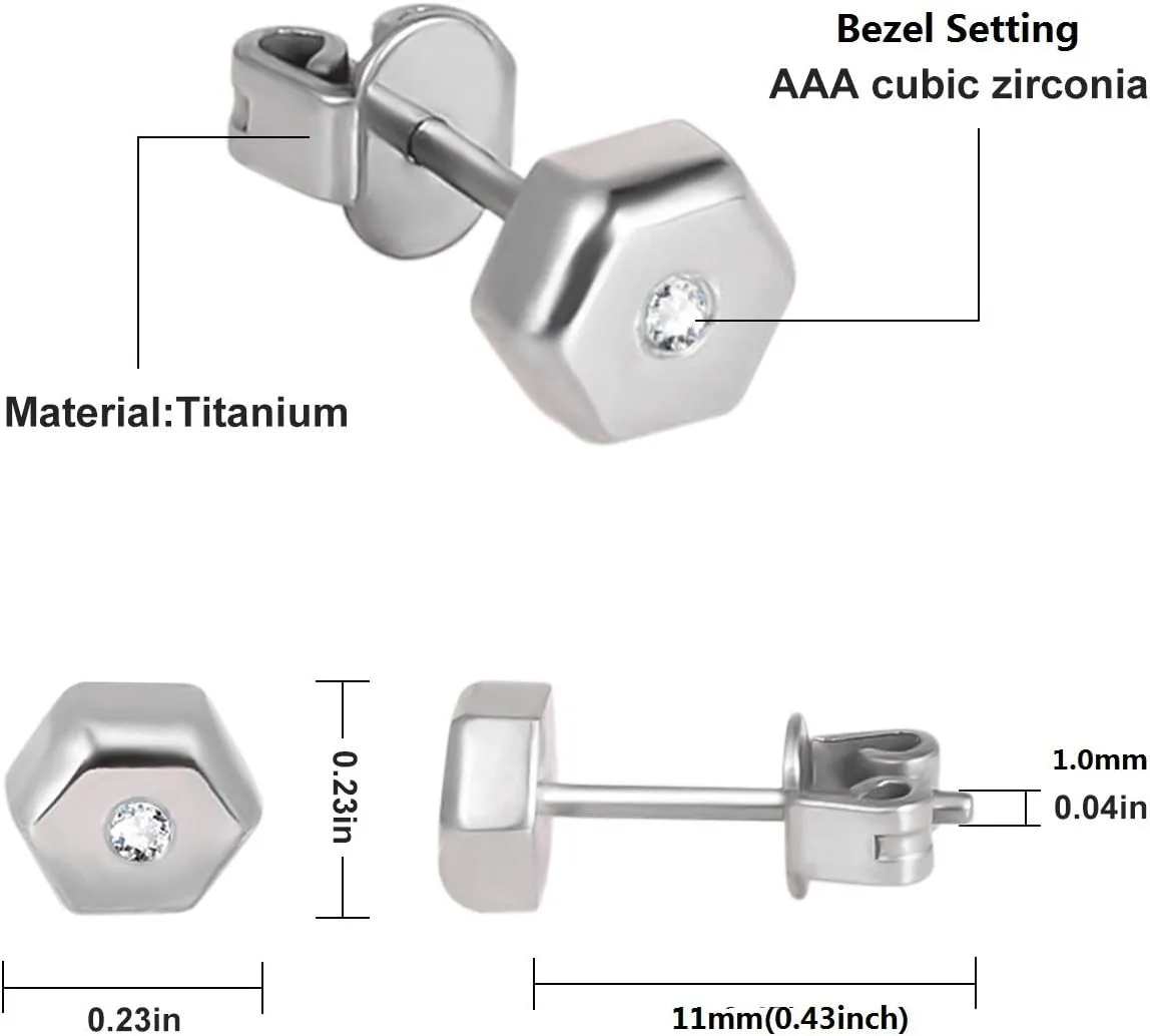 Titanium Earrings for Sensitive Ears, Titanium Stud Earrings for Women,Heart Cross Hexagon Round CZ Stud Earrings