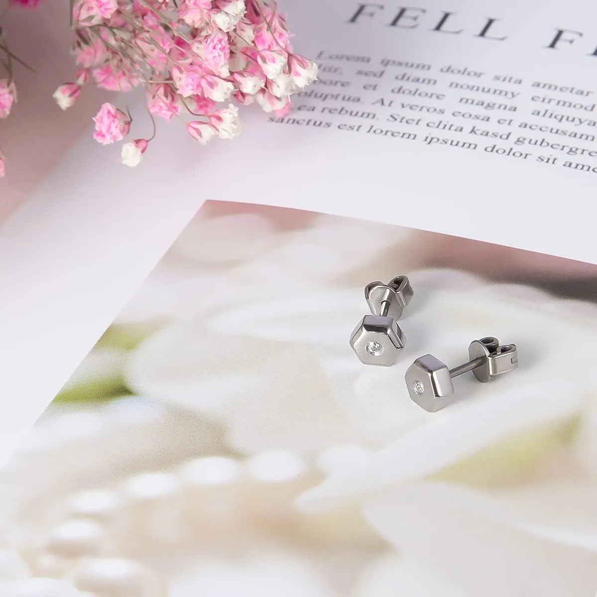 Titanium Earrings for Sensitive Ears, Titanium Stud Earrings for Women,Heart Cross Hexagon Round CZ Stud Earrings