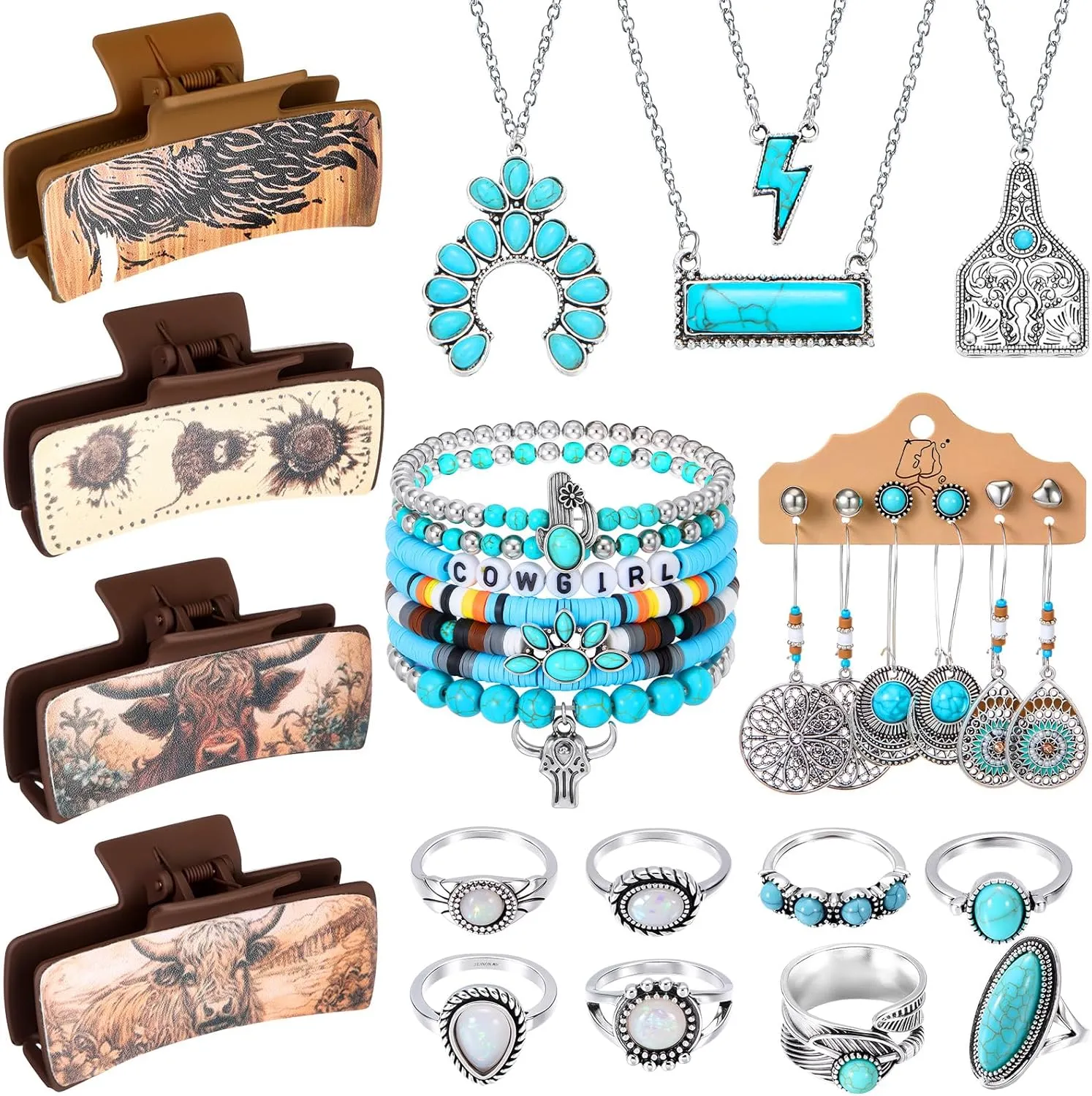 Tondiamo 29 Pcs Western Jewelry Set Vintage Including Western Leather Hair Claw Turquoise Bracelet Necklace Bohemian Knuckle Rings Boho Earrings for Women
