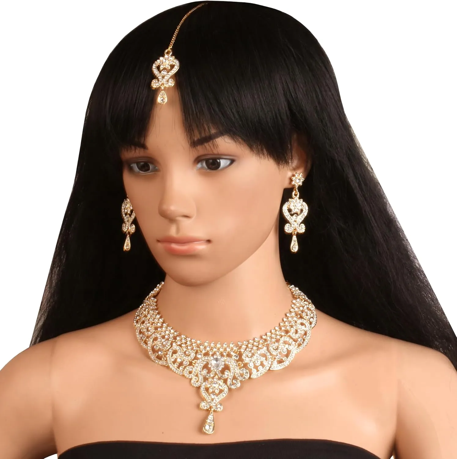 Touchstone Indian jewelry set for women bollywood gold jewellery wedding outfits necklace sets earrings bridal maang tikka fancy costume girls big desi accessories rhinestone in gold or silver tone