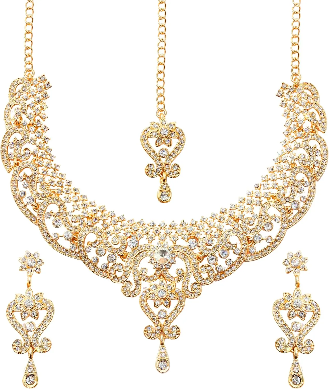 Touchstone Indian jewelry set for women bollywood gold jewellery wedding outfits necklace sets earrings bridal maang tikka fancy costume girls big desi accessories rhinestone in gold or silver tone