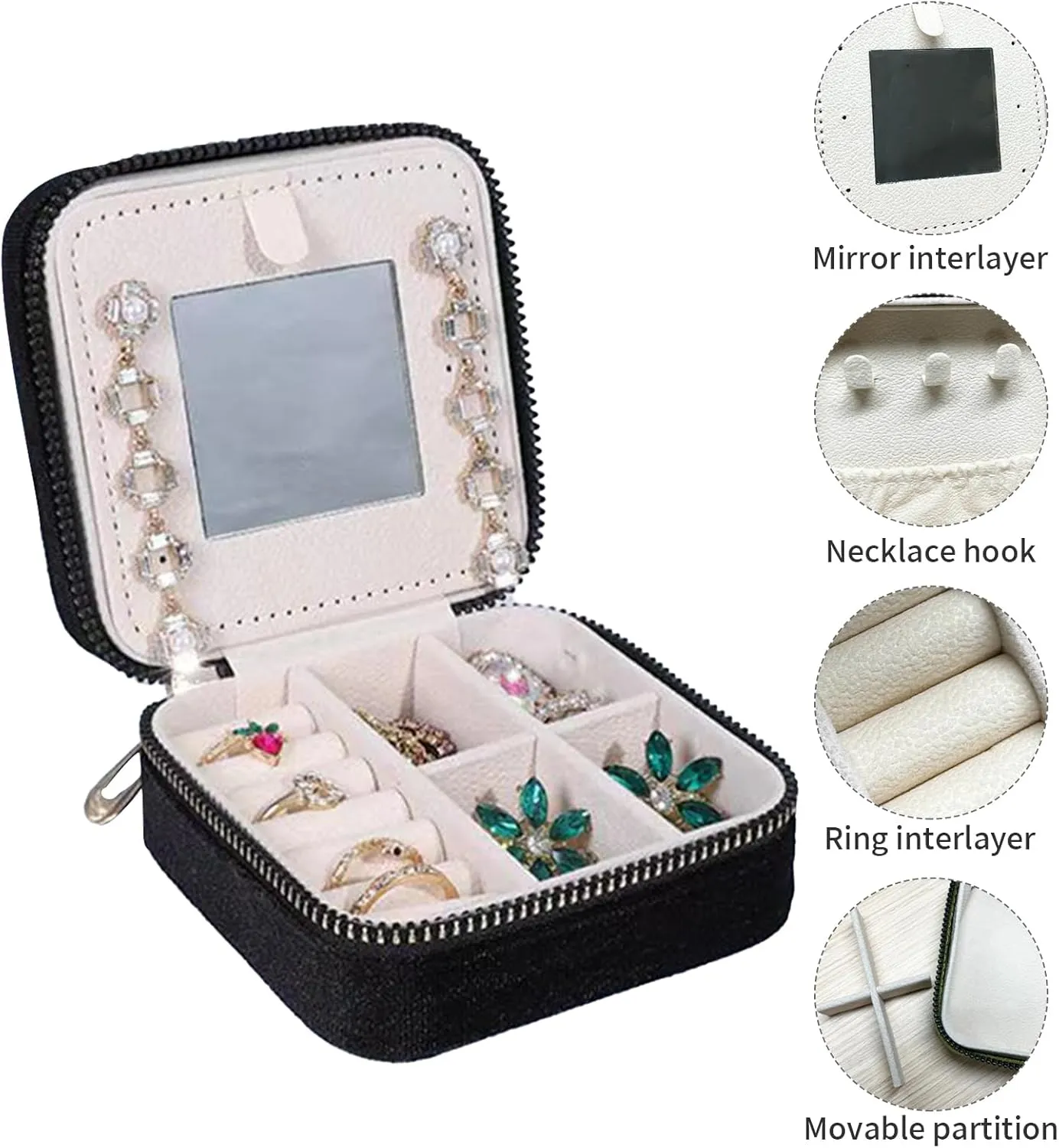Travel Jewelry Box, Small Jewelry Case Organizer Portable Jewelry Box for Girls, Women with Mirror to Store Ring, Pendant, Earring, Necklace and Bracelet (Black)