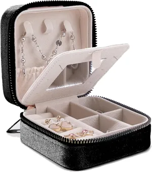 Travel Jewelry Box, Small Jewelry Case Organizer Portable Jewelry Box for Girls, Women with Mirror to Store Ring, Pendant, Earring, Necklace and Bracelet (Black)