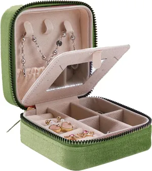 Travel Jewelry Box, Small Jewelry Case Organizer Portable Jewelry box for Girls, Women with Mirror to Store Ring, Pendant, Earring, Necklace and Bracelet (Green)