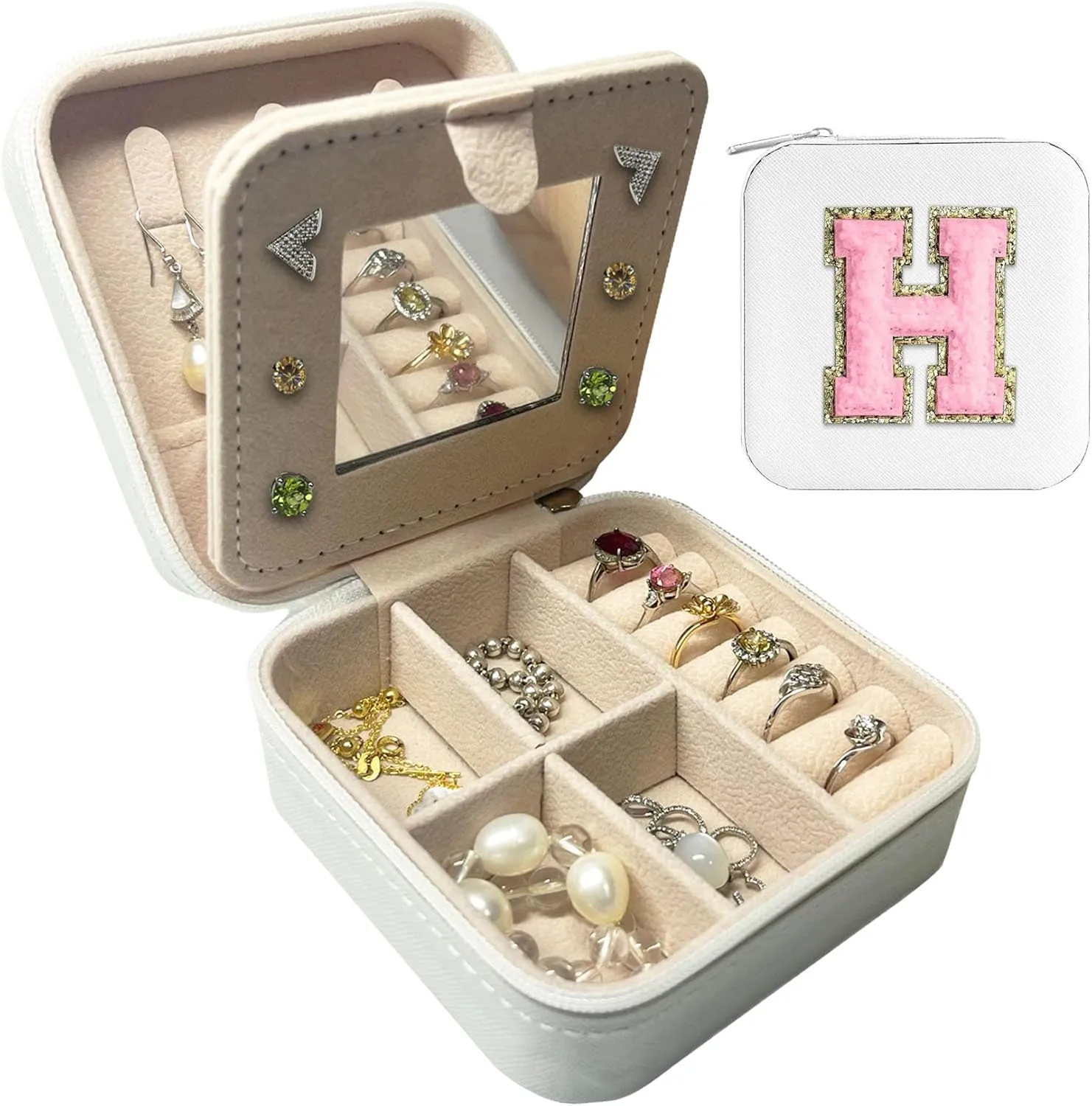 Travel Jewelry Case, Jewelry Organizer Box, Small Travel Jewelry Holder Personalized Birthday Gift Women Girls Teens White Earring Necklace Organizer Case with Mirror Initial H