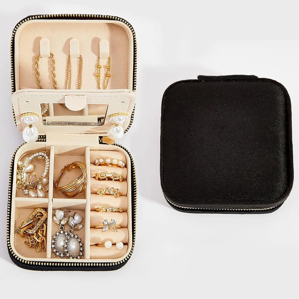 Travel Velvet Jewelry Box with Mirror, Mini Gifts Case for Women Girls, Small Portable Organizer Boxes for Rings Earrings Necklaces Bracelets (Black)