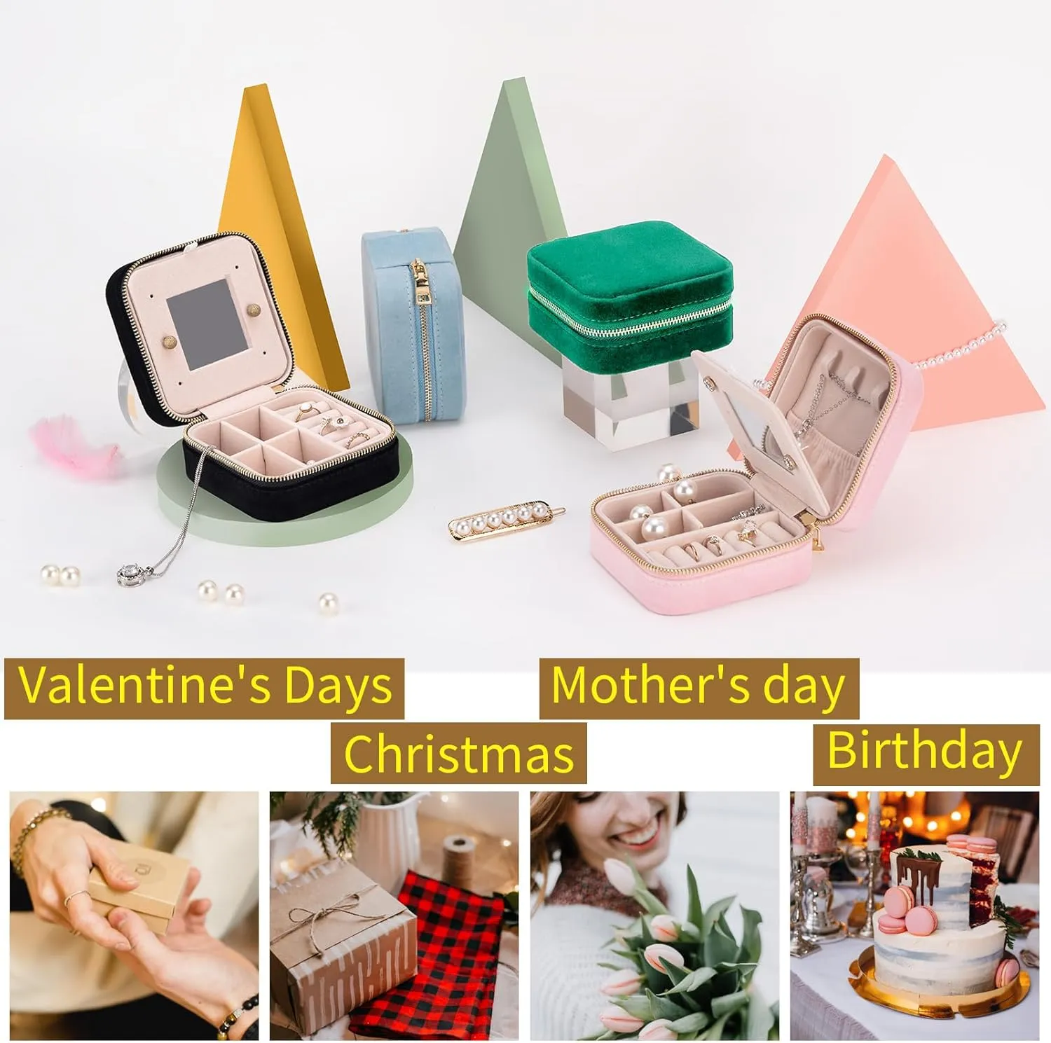 Travel Velvet Jewelry Box with Mirror, Mini Gifts Case for Women Girls, Small Portable Organizer Boxes for Rings Earrings Necklaces Bracelets (Black)