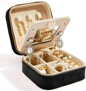 Travel Velvet Jewelry Box with Mirror, Mini Gifts Case for Women Girls, Small Portable Organizer Boxes for Rings Earrings Necklaces Bracelets (Black)