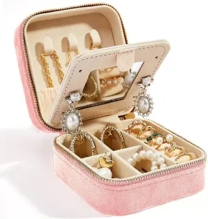 Travel Velvet Jewelry Box with Mirror, Mini Gifts Case for Women Girls, Small Portable Organizer Boxes for Rings Earrings Necklaces Bracelets