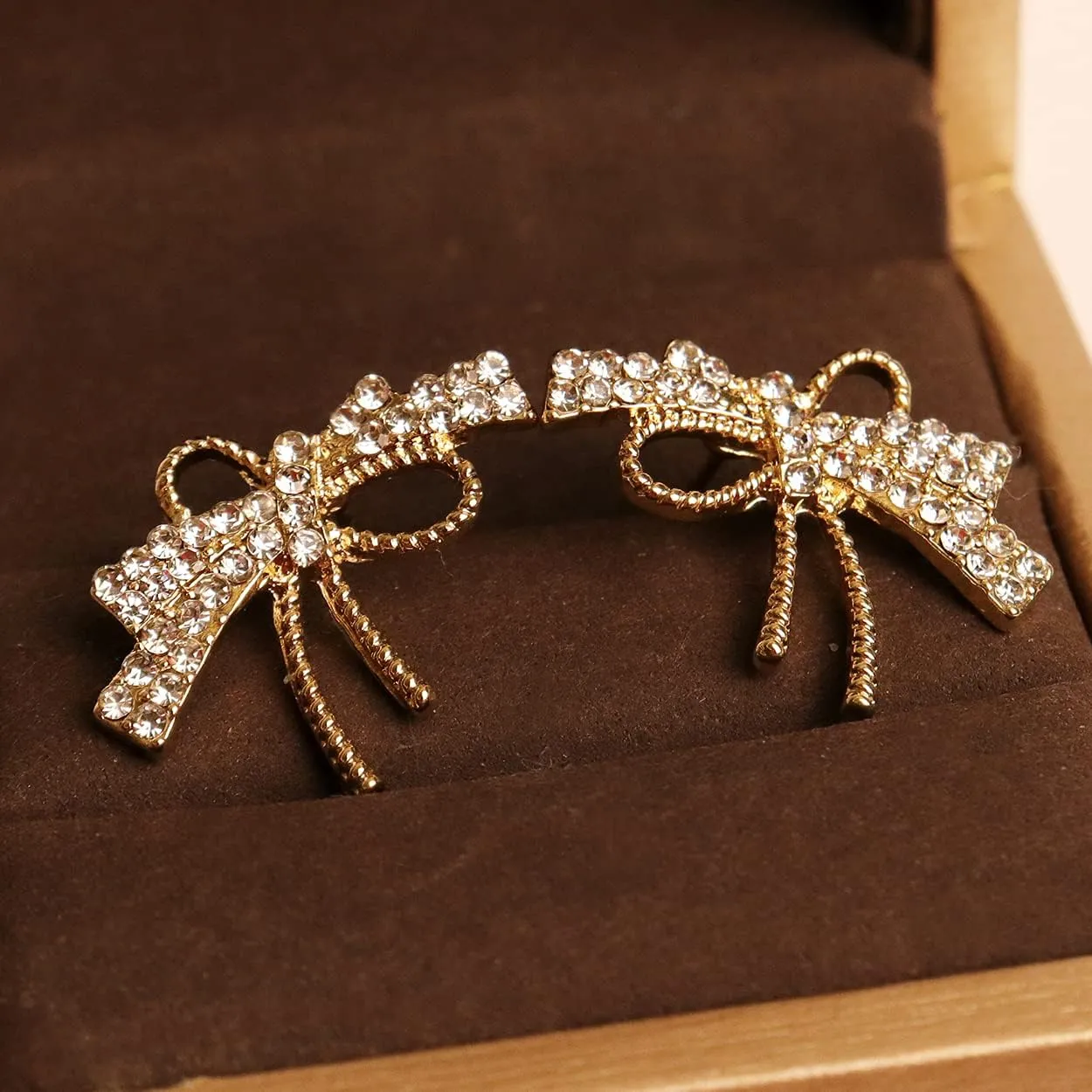 Trendy Bow Post Stud Gold Earrings for Women - Sparkly Cute Ribbon Drop Dangle Fashion Jewelry Gift