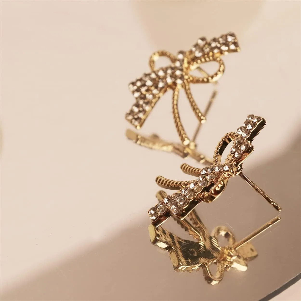 Trendy Bow Post Stud Gold Earrings for Women - Sparkly Cute Ribbon Drop Dangle Fashion Jewelry Gift