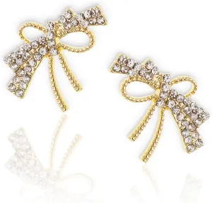 Trendy Bow Post Stud Gold Earrings for Women - Sparkly Cute Ribbon Drop Dangle Fashion Jewelry Gift