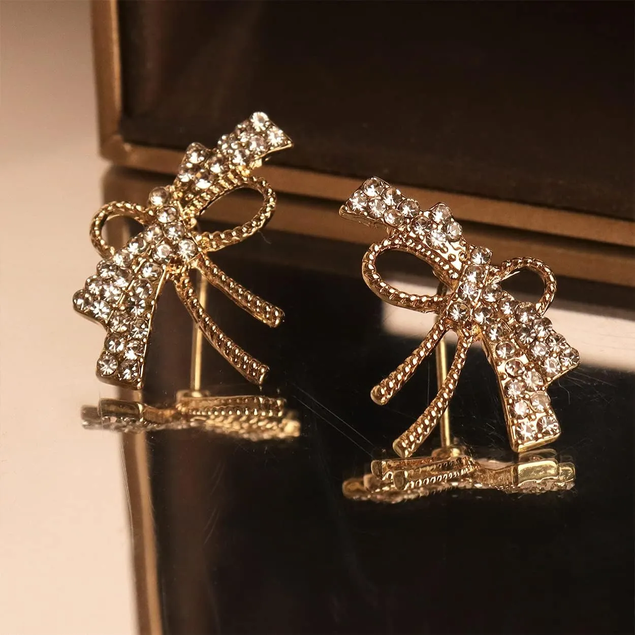 Trendy Bow Post Stud Gold Earrings for Women - Sparkly Cute Ribbon Drop Dangle Fashion Jewelry Gift