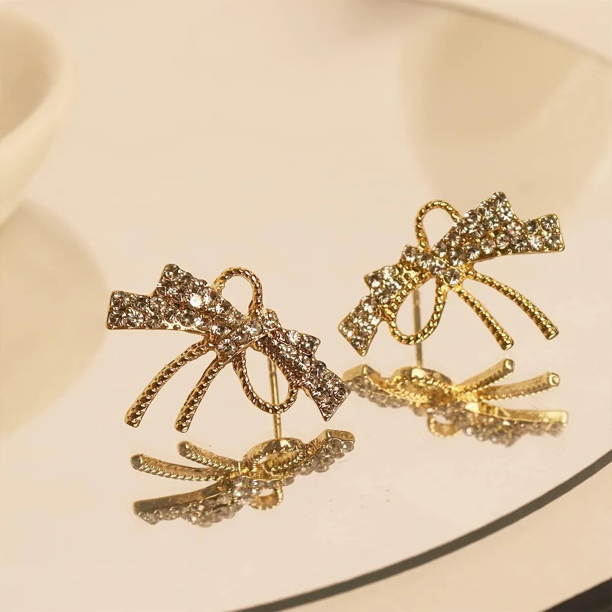 Trendy Bow Post Stud Gold Earrings for Women - Sparkly Cute Ribbon Drop Dangle Fashion Jewelry Gift