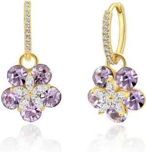 Trendy Flower Huggie Small Hoop Earrings with Hypoallergenic Crystal Birthstones, 14K Gold Plated Drop Dangle Earrings for Women
