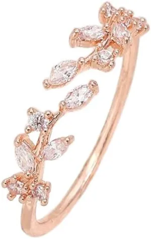 Trendy Open Leaf Ring for Women, Branch Leaves Band Stacking Finger Ring, 14K Gold Cubic Zirconia Plated Open Ring
