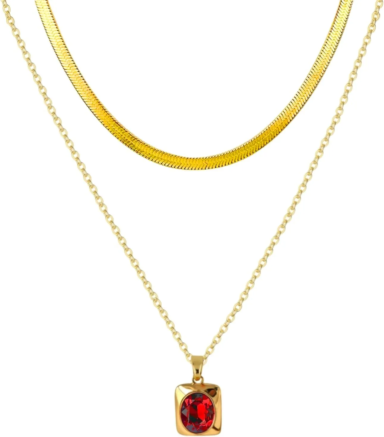 Trendy Separate Layered Choker Pendant Necklace | 18k Gold Plated Snake Herringbone Flat Stackable Chain Rectangle Gemstone Crystal Zircon Necklace | Preppy Dainty Jewelry Set Gift