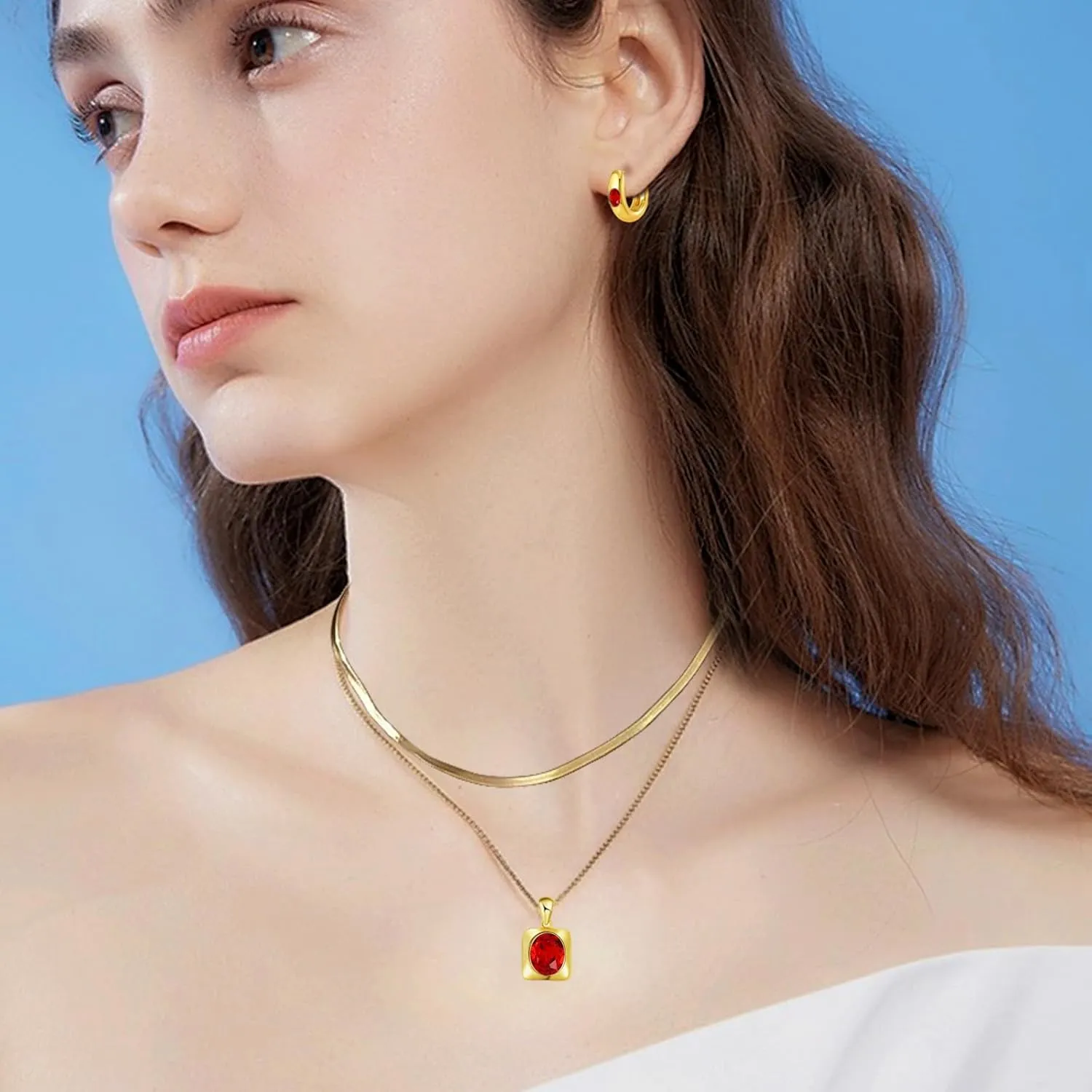 Trendy Separate Layered Choker Pendant Necklace | 18k Gold Plated Snake Herringbone Flat Stackable Chain Rectangle Gemstone Crystal Zircon Necklace | Preppy Dainty Jewelry Set Gift