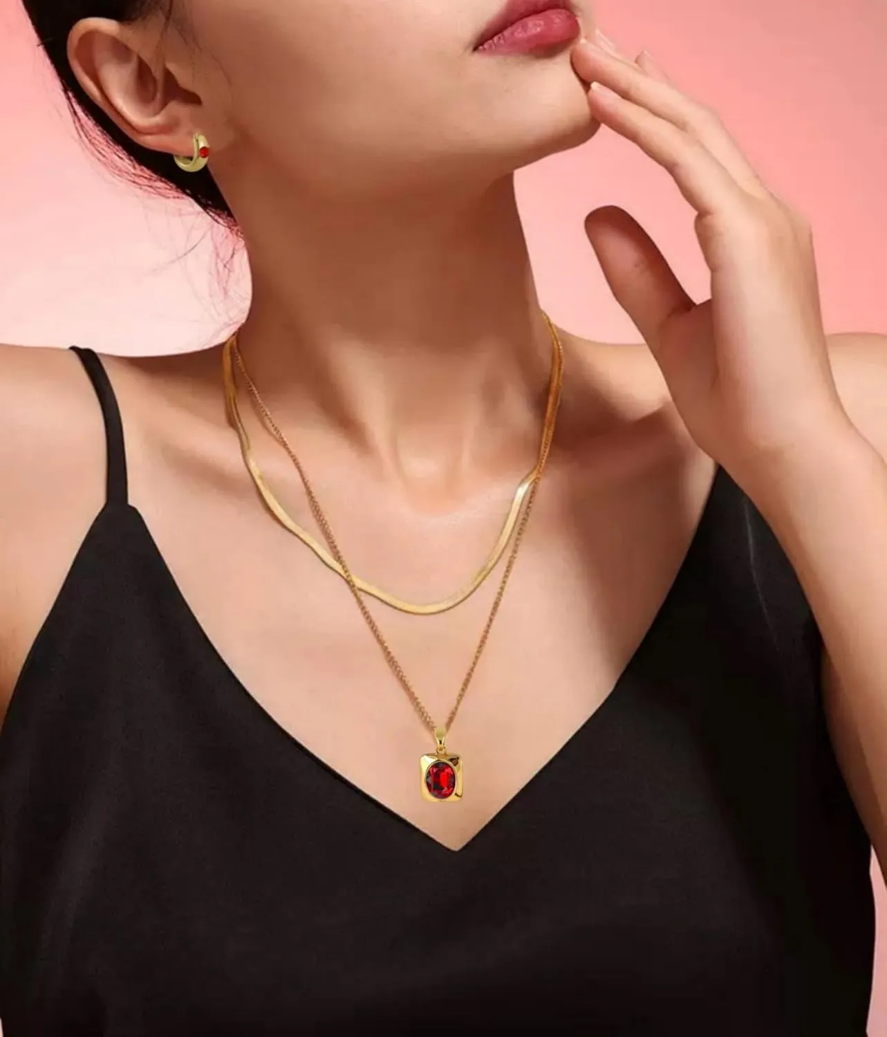 Trendy Separate Layered Choker Pendant Necklace | 18k Gold Plated Snake Herringbone Flat Stackable Chain Rectangle Gemstone Crystal Zircon Necklace | Preppy Dainty Jewelry Set Gift