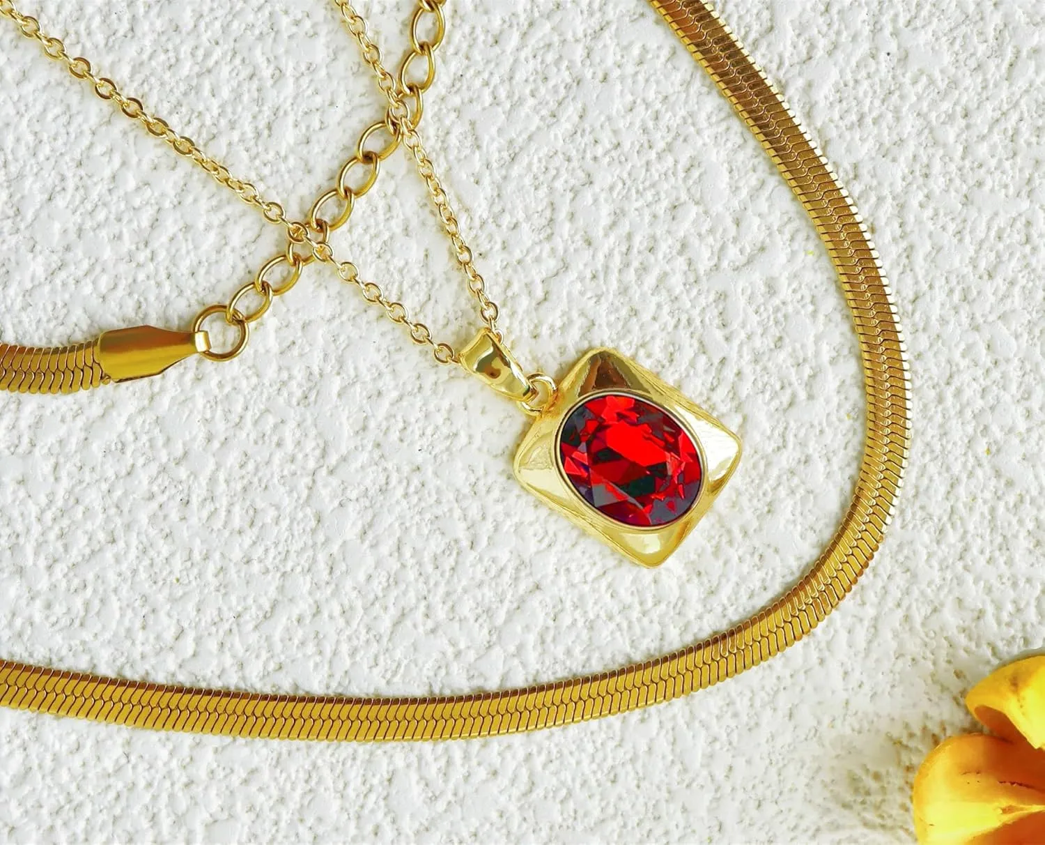 Trendy Separate Layered Choker Pendant Necklace | 18k Gold Plated Snake Herringbone Flat Stackable Chain Rectangle Gemstone Crystal Zircon Necklace | Preppy Dainty Jewelry Set Gift